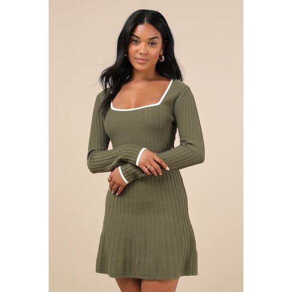 Lulus Dresses & Skirts - Lulus Cute Simplicity Olive Green Textured Mini Sweater Dress - Size L
